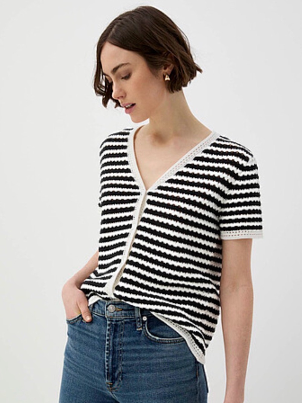Ninety Black and White Striped V-Neck Button Front Top